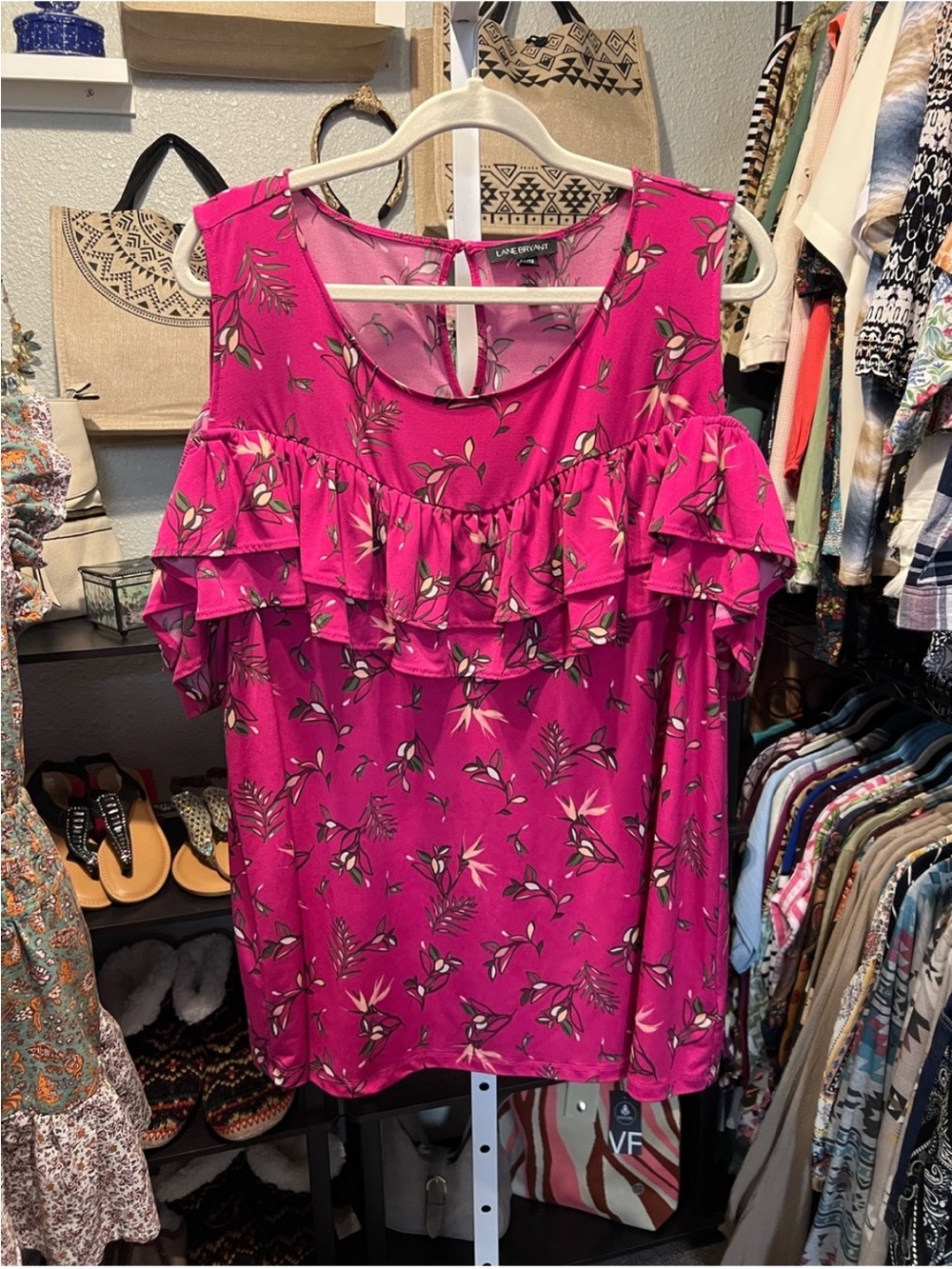 Lane Bryant Fuchsia Floral Ruffle Cold-Shoulder Top